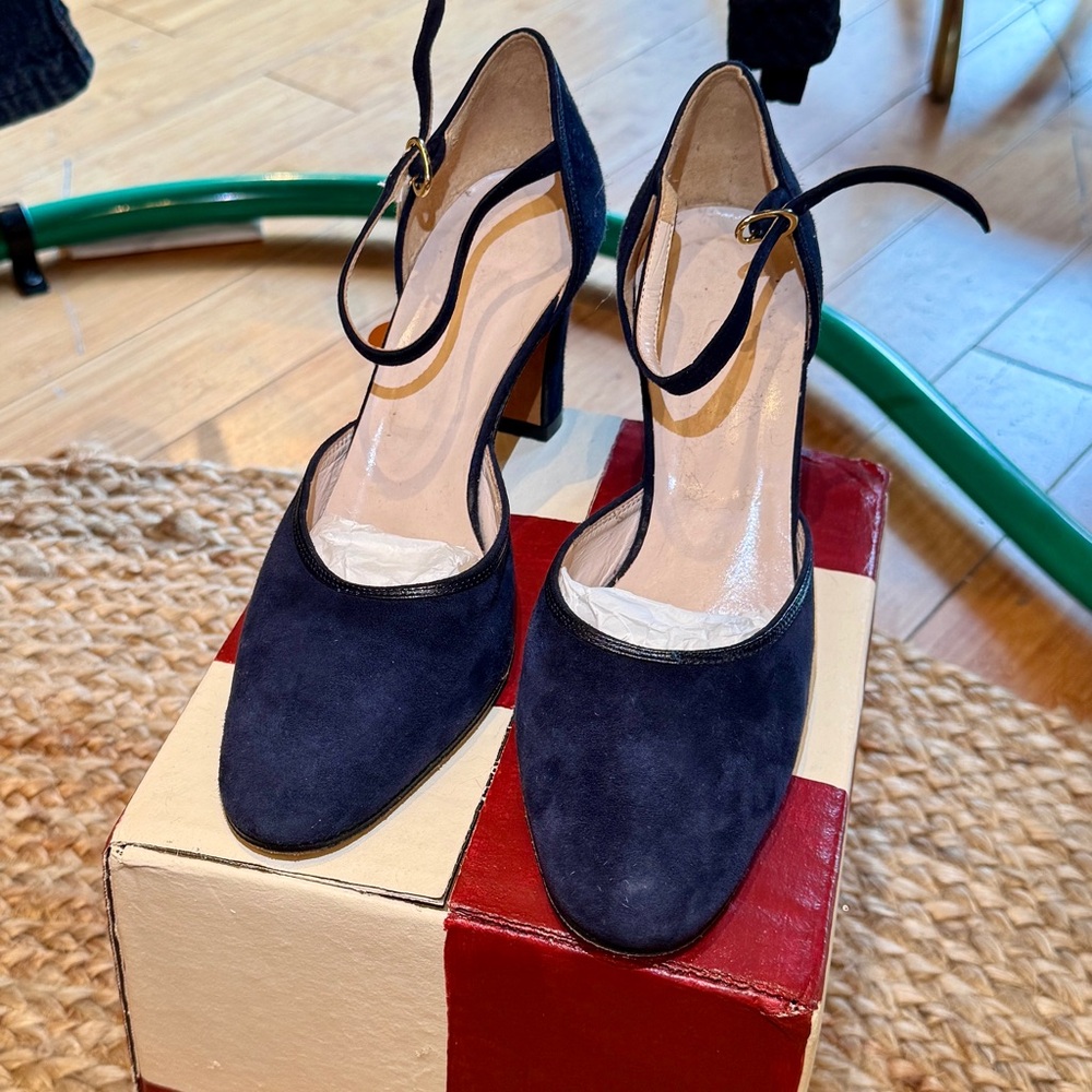 Vintage Navy Suede Mid Heel Ankle Strap, 37, Cosoni